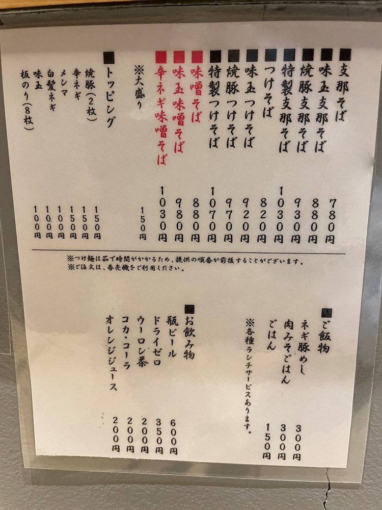 支那そば分田上 仙台本店のメニュー