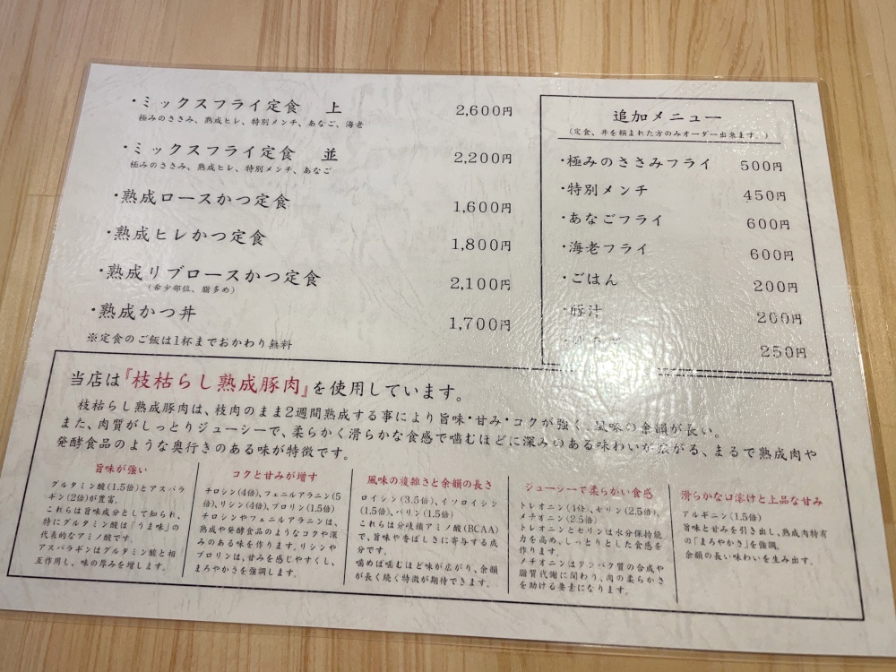 熟成とんかつ フライ家のメニュー